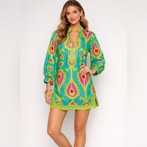 NEW Sheridan French Turquoise Pink Green Print Tunic Dress Boho Resort Size 4
